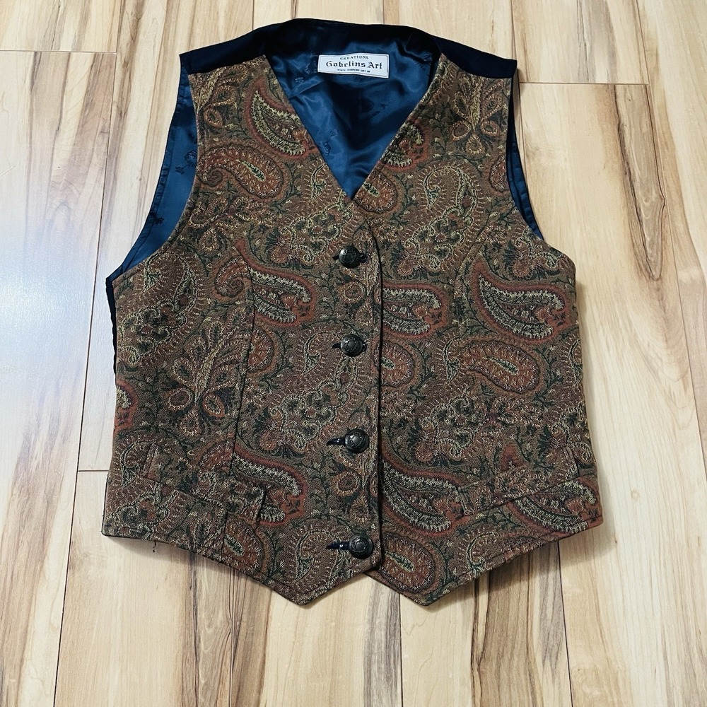 VTG Gobelins Art Creations Brussels Brown Tapestry Waistcoat Vest Sz S Brocade